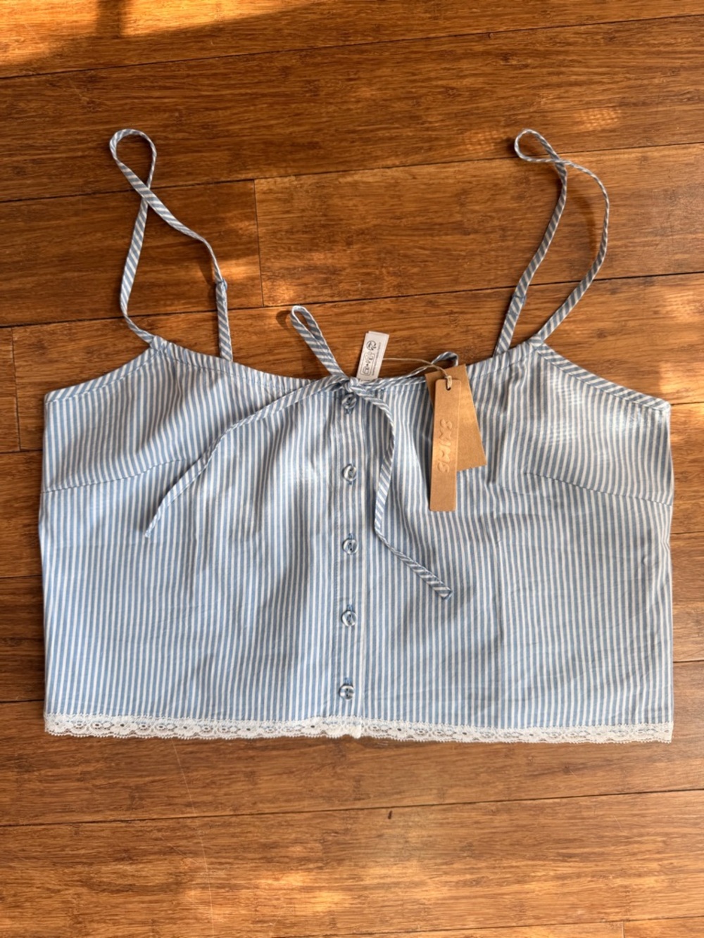 SKIMS Blue and White Striped Lace-Hem Cropped poplin Cami nwt medium
